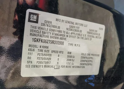 2009 GMC Yukon Xl 1500 Denali z USA, uszkodzony, nr VIN 1GKFK06279R300998